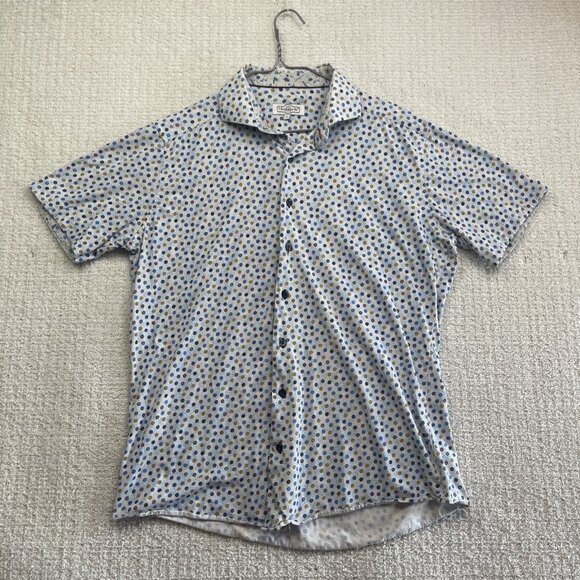7 Downie St Mens Sz L Short Sleeve Button Up Shirt Multicolor Polka Dots AOP - Picture 1 of 14